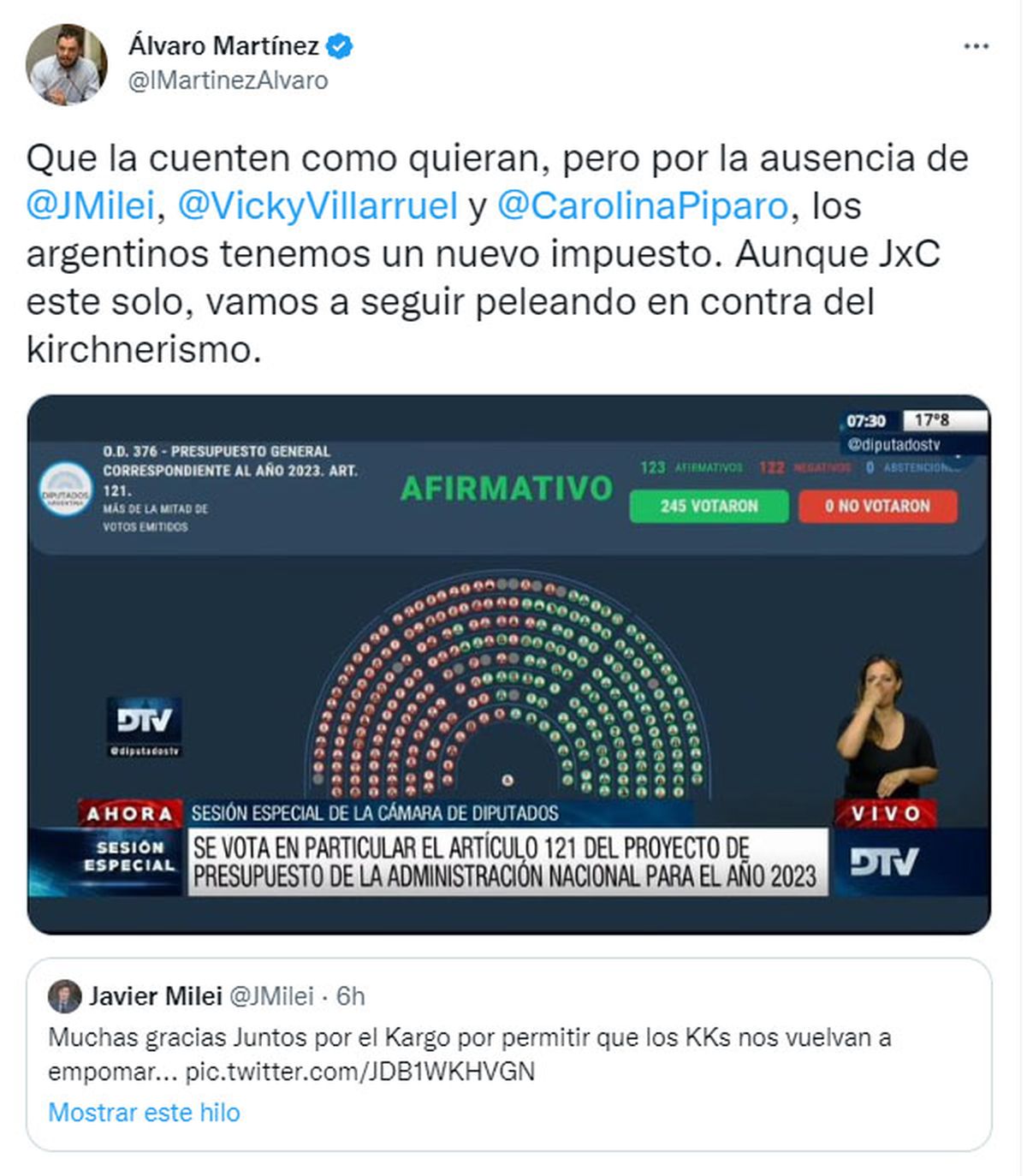El tuit de Álvaro Martínez que formó parte de una ola de críticas de Juntos por el Cambio hacia Javier Milei.