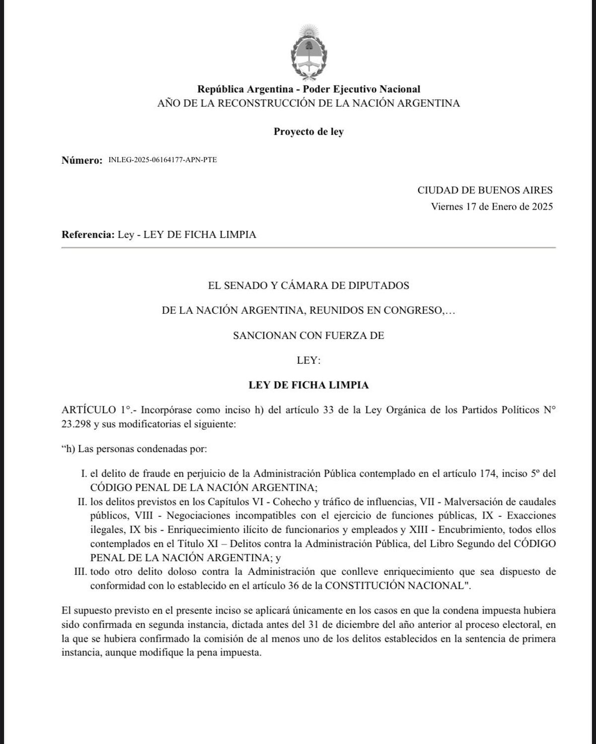 Así arranca el proyecto de ley de Ficha Limpia ideado por el ministro de Defensa Luis Petri. Así arranca el proyecto de ley de Ficha Limpia ideado por el ministro de Defensa Luis Petri.