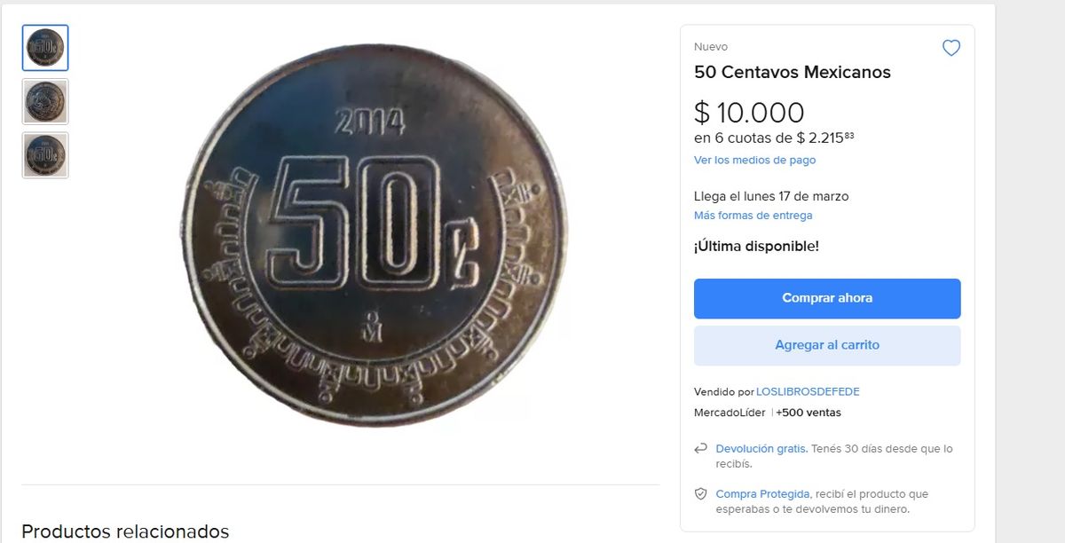 Esta moneda se vende en Mercado Libre. Esta moneda se vende en Mercado Libre. 