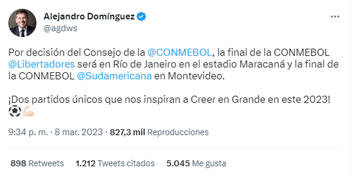 Alejandro Domínguez anunció en sus redes las sedes de las finales de la Copa Libertadores y Copa Sudamericana.