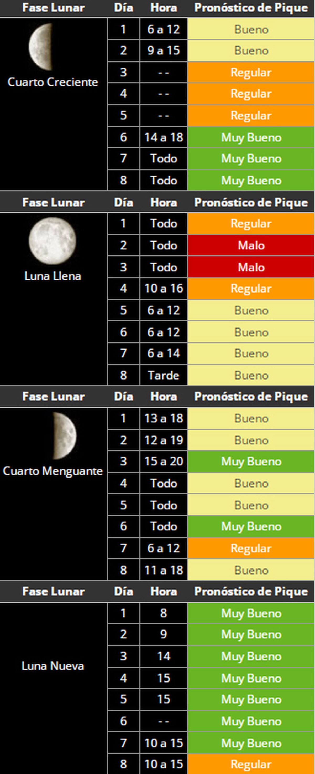 Hay que tener en cuenta las fases y los pronósticos de pique si querés hacer pesca deportiva. Hay que tener en cuenta las fases y los pronósticos de pique si querés hacer pesca deportiva.
