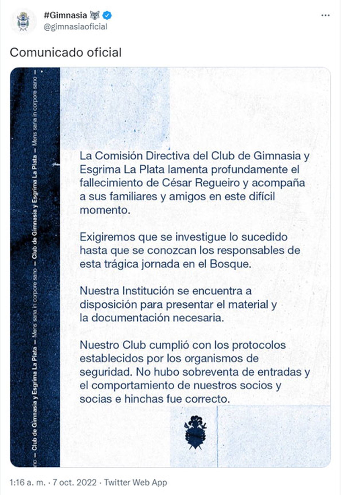 Comunicado de Gimnasia La Plata por la muerte de César Regueiro.