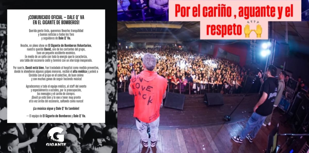 Golpazo. David Ortiz, cantante del grupo de cuarteto, Dale Q' Va, sufrió un grave accidente que obligó a suspender el show. Golpazo. David Ortiz, cantante del grupo de cuarteto, Dale Q' Va, sufrió un grave accidente que obligó a suspender el show.