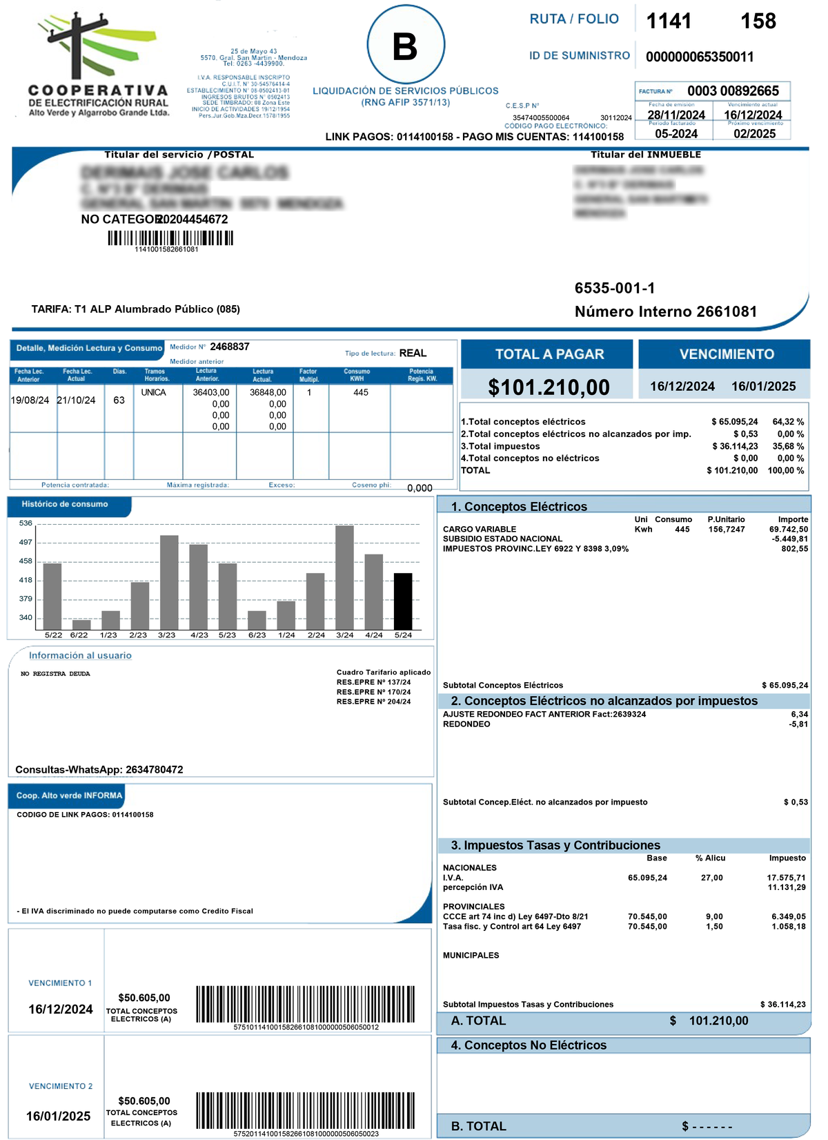 Una factura eléctrica de la cooperativa, con el desglose que habría permitido la estafa. Una factura eléctrica de la cooperativa, con el desglose que habría permitido la estafa.