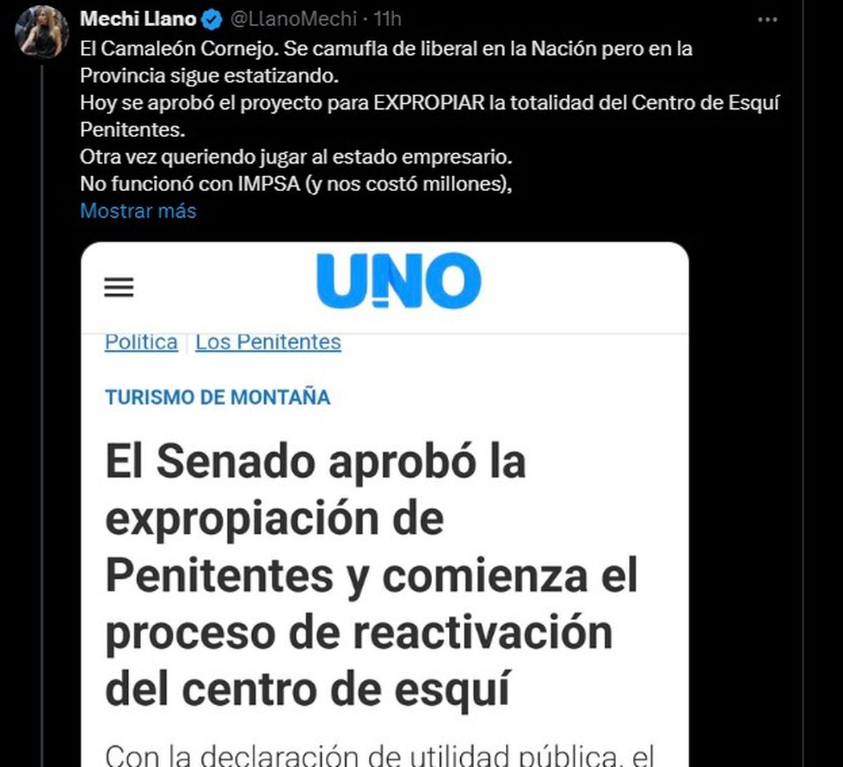 Mercedes Llano se despachó por redes por la expropiación de Penitentes. Mercedes Llano se despachó por redes por la expropiación de Penitentes.