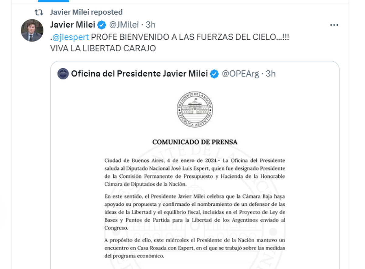 Javier Milei celebró, a través de su cuenta de X, la designación de José Luis Espert como presidente de la comisión de Hacienda y Presupuesto de Diputados. Javier Milei celebró, a través de su cuenta de X, la designación de José Luis Espert como presidente de la comisión de Hacienda y Presupuesto de Diputados.