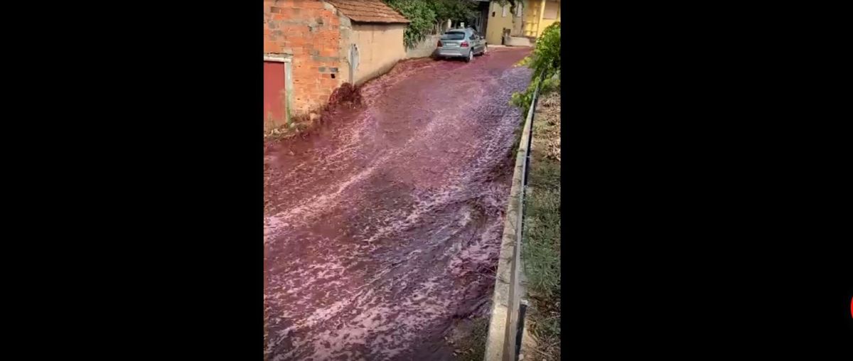 Río de vino tinto. La rutura de dos depósitos causó un río de vino tinto.