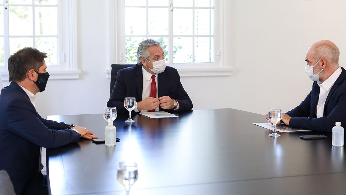 Fernández, Kicillof y Rodríguez Larreta durante la reunión en Olivos.