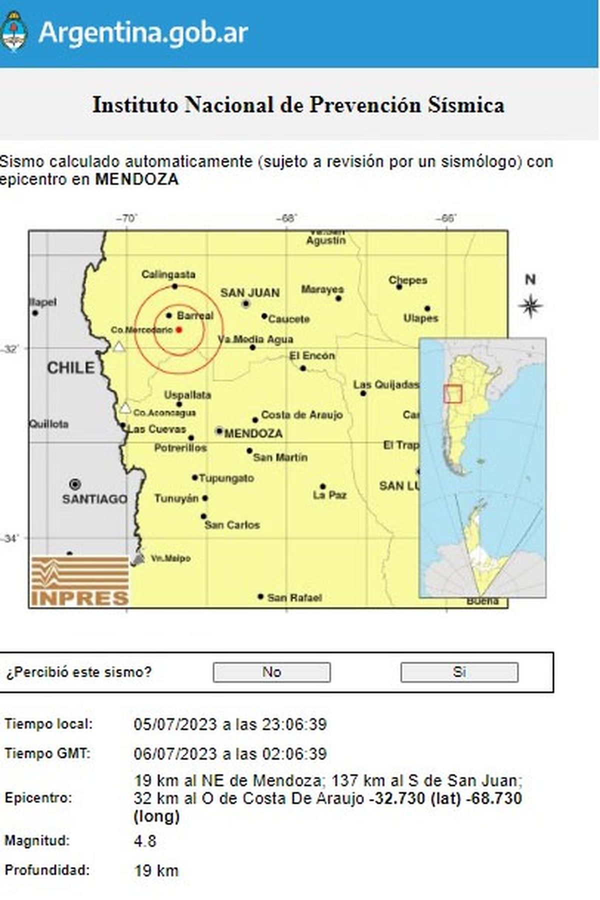 Un sismo de 4,6 grados sacudió a Mendoza este miércoles por la noche