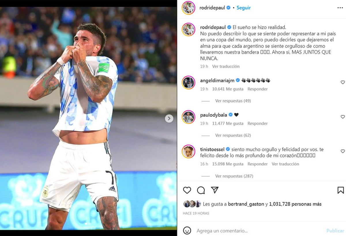 El posteo de Rodrigo De Paul, tras confirmarse de que estará presente en el Mundial Qatar 2022.