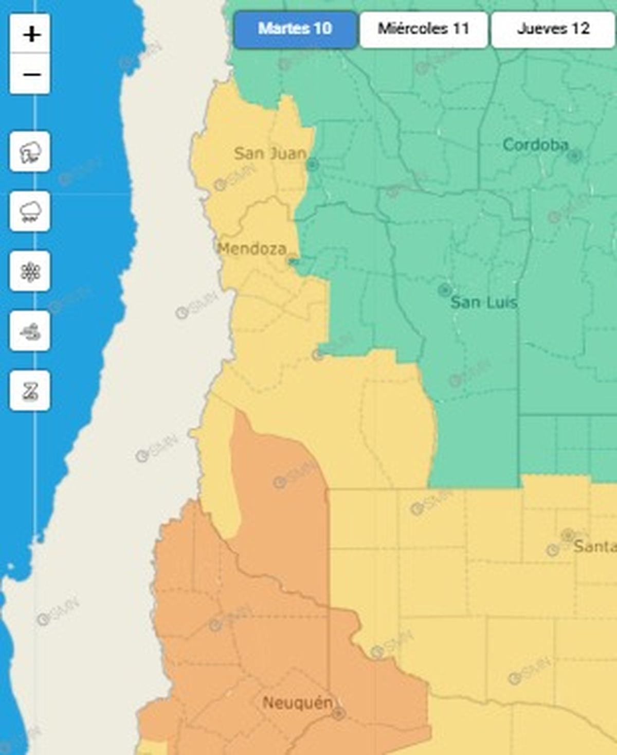 En el mapa que difundió el Servicio Meteorológico Nacional, Mendoza aparece con alertas amarillas y naranjas por viento Zonda.