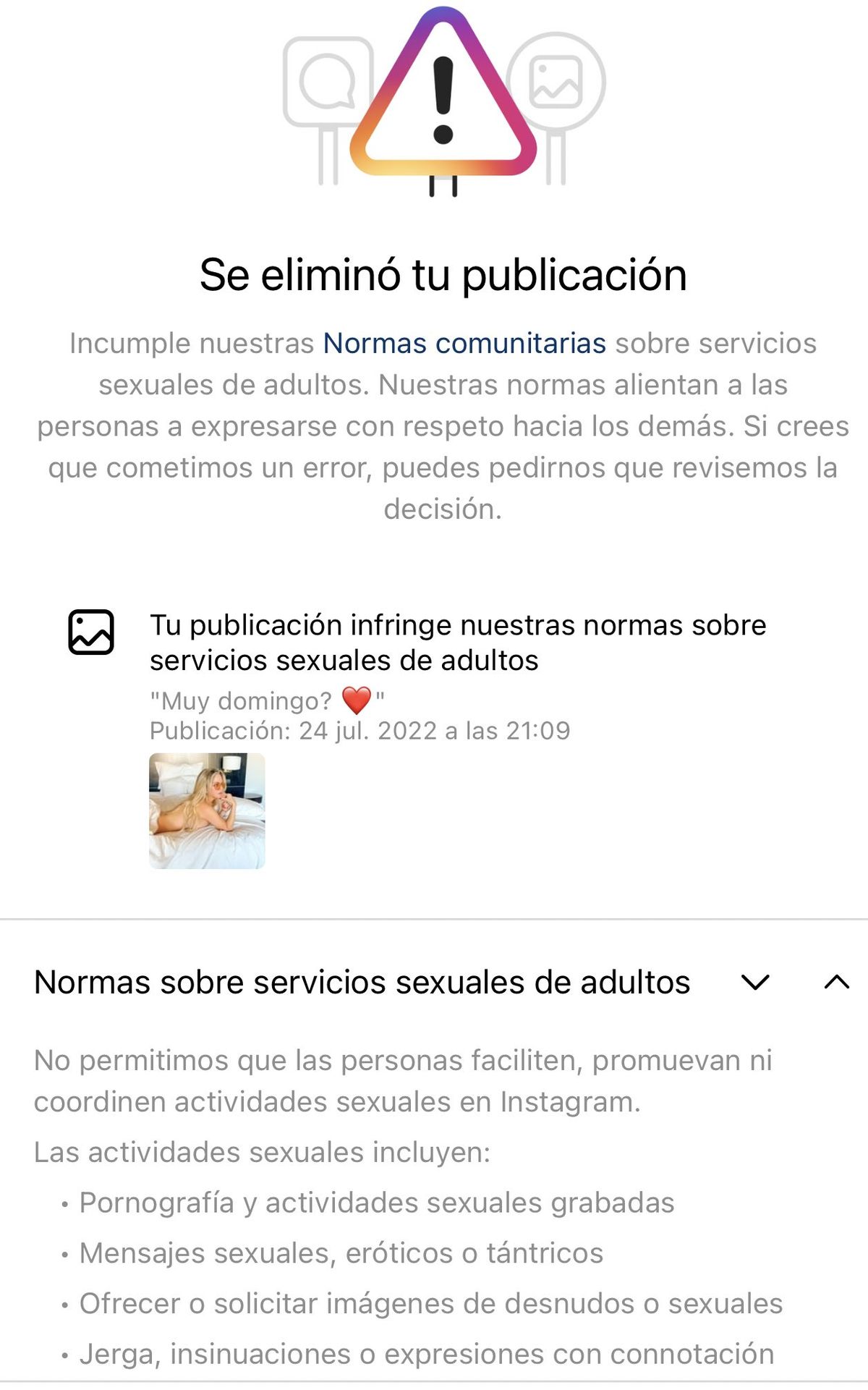 Las razones de Instagram contra la foto de Alejandra Maglietti