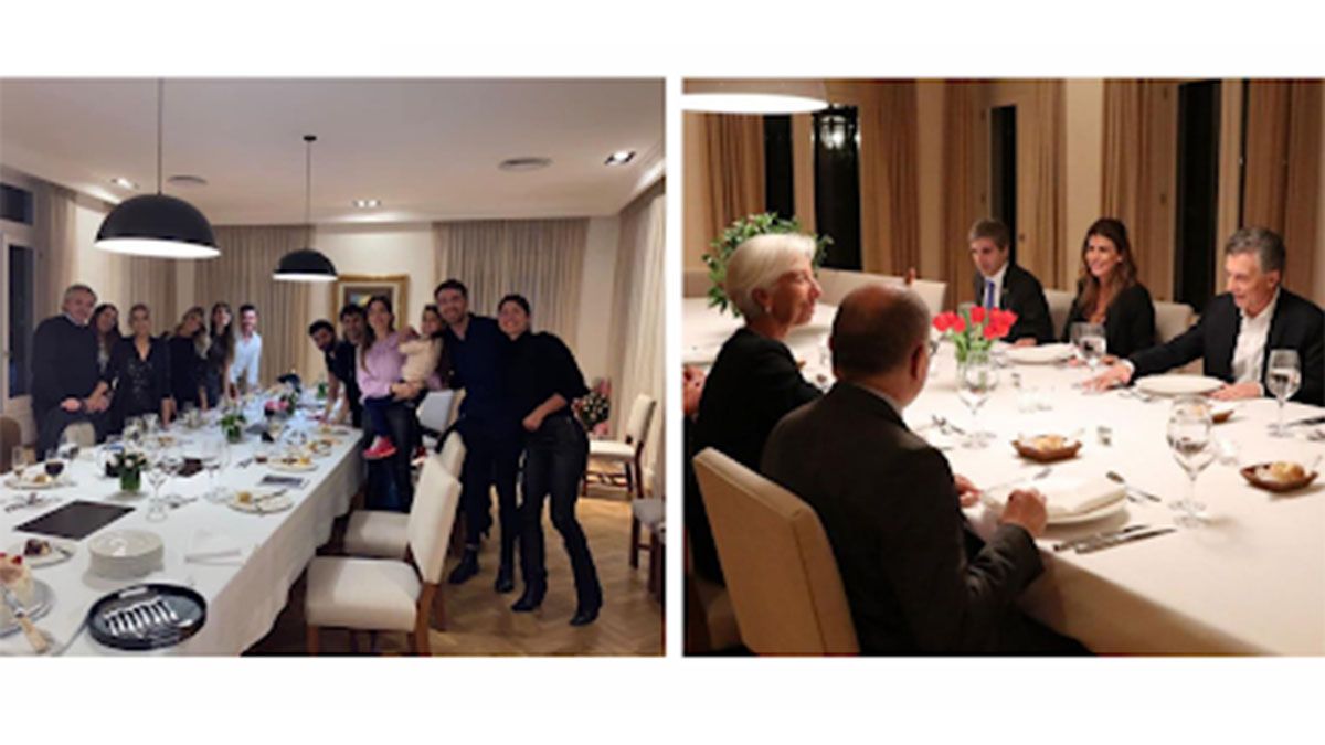A la izquierda, la foto del cumpleaños de Yáñez; a la derecha, la cena de Mauricio Macri, Juliana Awada y equipo con Christine Lagarde, entonces directora gerente del Fondo Monetario Internacional. Ambas fotos fueron tomadas en la Quinta de Olivos.