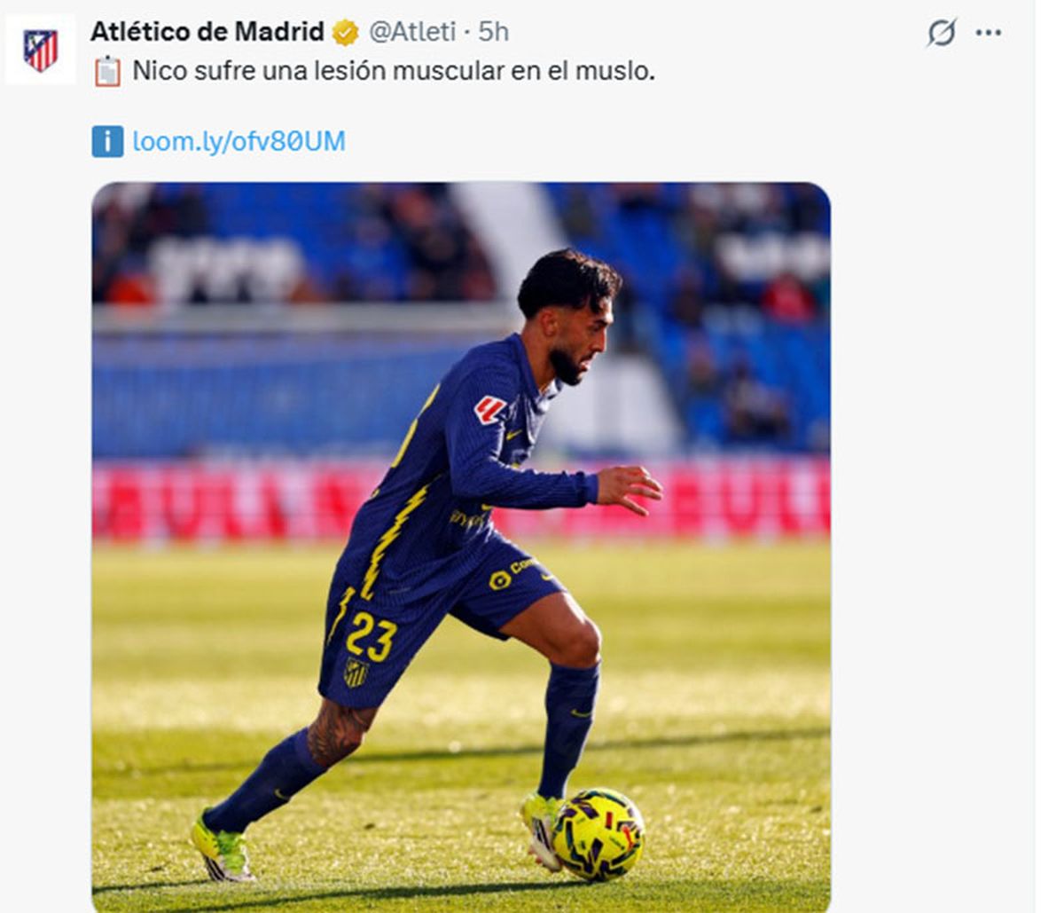 Atl&eacute;tico de Madrid dio el parte m&eacute;dico de Nicol&aacute;s Gonz&aacute;lez.