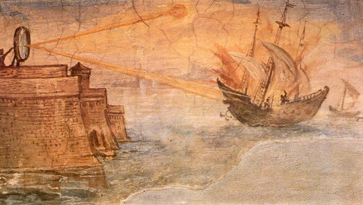 Existe un intenso debate sobre la veracidad del hecho que Arquímedes pudiera haber construido una máquina con espejos capaz de prender fuego, a larga distancia, una flota de navíos. Existe un intenso debate sobre la veracidad del hecho que Arquímedes pudiera haber construido una máquina con espejos capaz de prender fuego, a larga distancia, una flota de navíos.