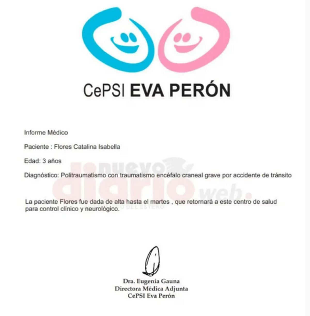 El alta médica de la hija de Huguito Flores. El alta médica de la hija de Huguito Flores.