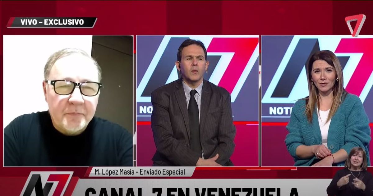 Marcelo López Masía en una de sus intervenciones en Canal 7. Es enviado especial en Venezuela. Marcelo López Masía en una de sus intervenciones en Canal 7. Es enviado especial en Venezuela.