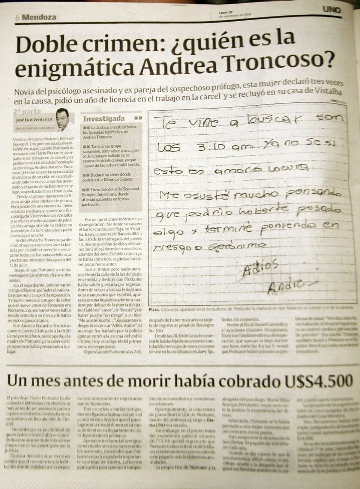 La nota manuscrita de Troncoso fue publicada por Diario UNO y está en el expediente.