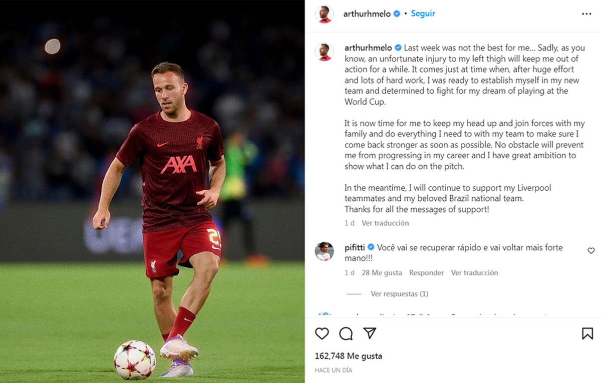 Arthur Melo posteó en Instagram tras conocer que no llegará con su recuperación, para jugar el Mundial Qatar 2022 con la Selección de Brasil.
