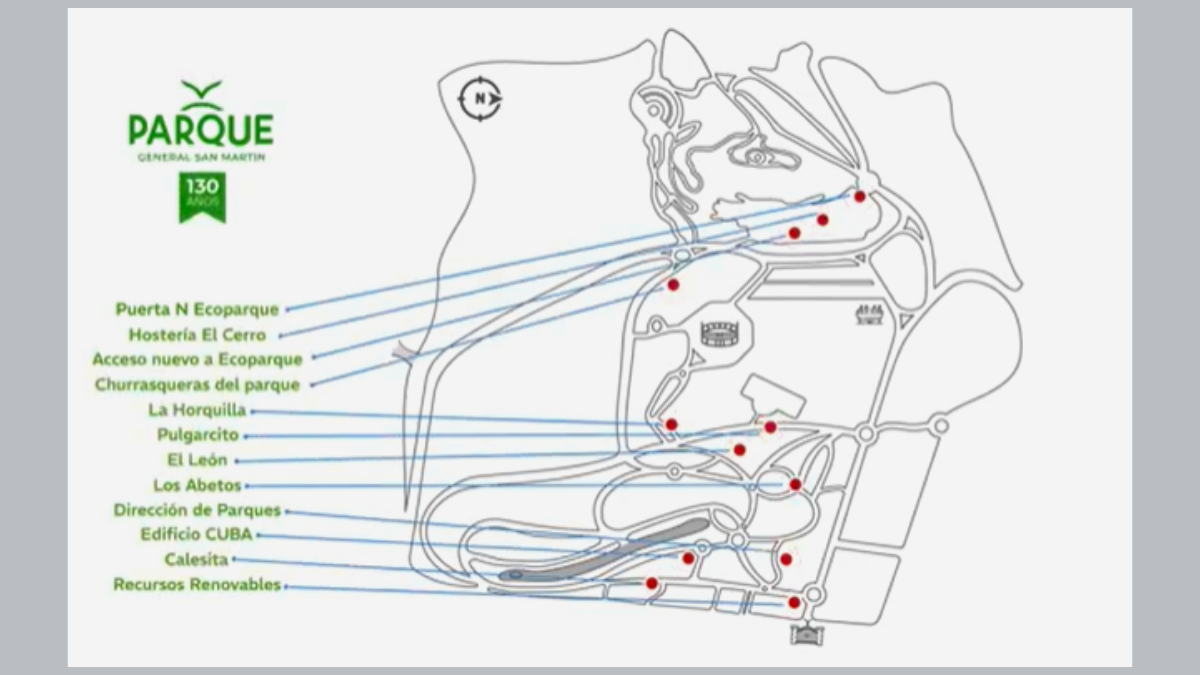 Los espacios licitables para renovar el Parque General San Martín son 12, como se ve en este mapa. Los espacios licitables para renovar el Parque General San Martín son 12, como se ve en este mapa.