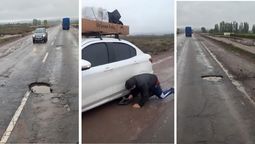 Así se ven los baches de la Ruta 7, a la altura de la destilería de Luján de Cuyo, que este viernes provocaron que al menos 14 vehículos reventaran neumáticos.&nbsp;