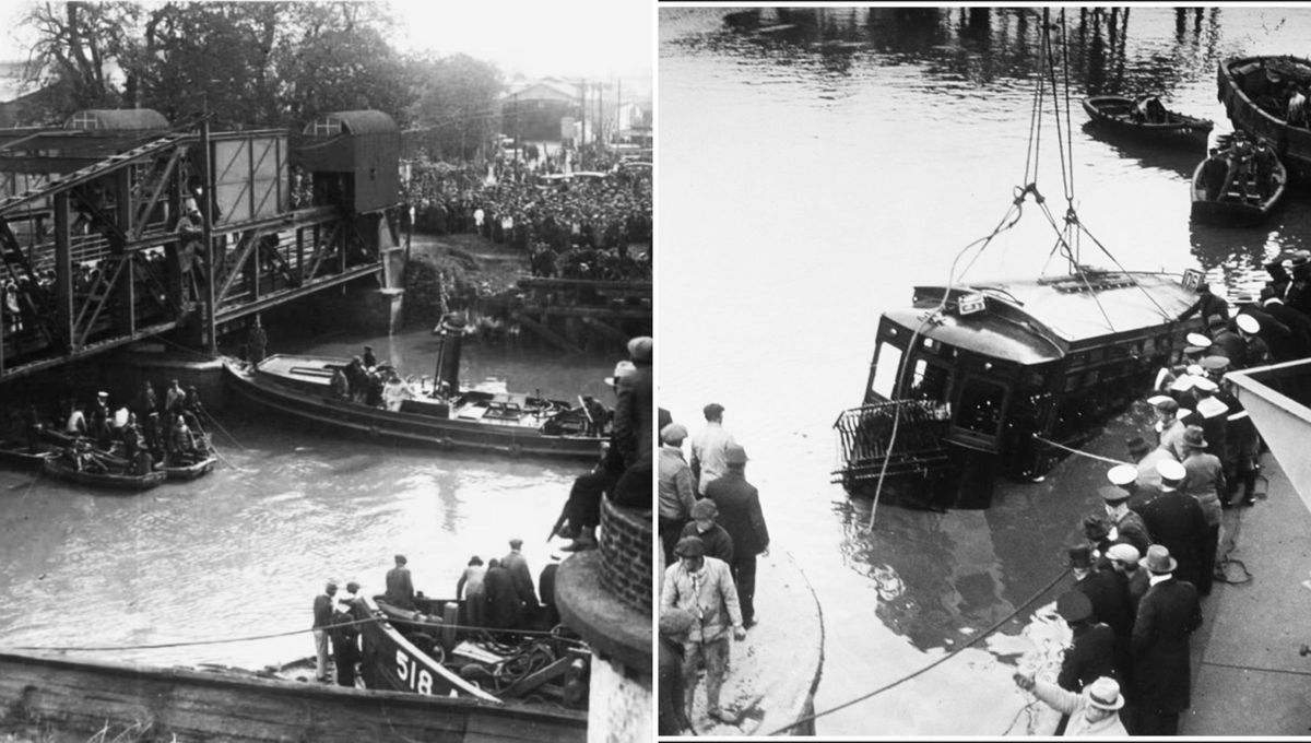 Luego de que el tran­vía N° 105 ca­yera en el Ria­chue­lo, es res­ca­ta­do de las aguas por per­so­nal del Mi­nis­te­rio de Obras Pú­bli­cas. Luego de que el tran­vía N° 105 ca­yera en el Ria­chue­lo, es res­ca­ta­do de las aguas por per­so­nal del Mi­nis­te­rio de Obras Pú­bli­cas.