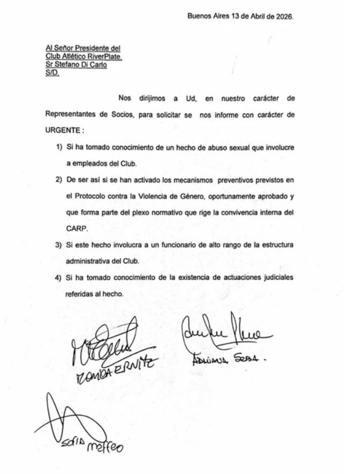 La nota de un grupo de socios de River.&nbsp; &nbsp; &nbsp;