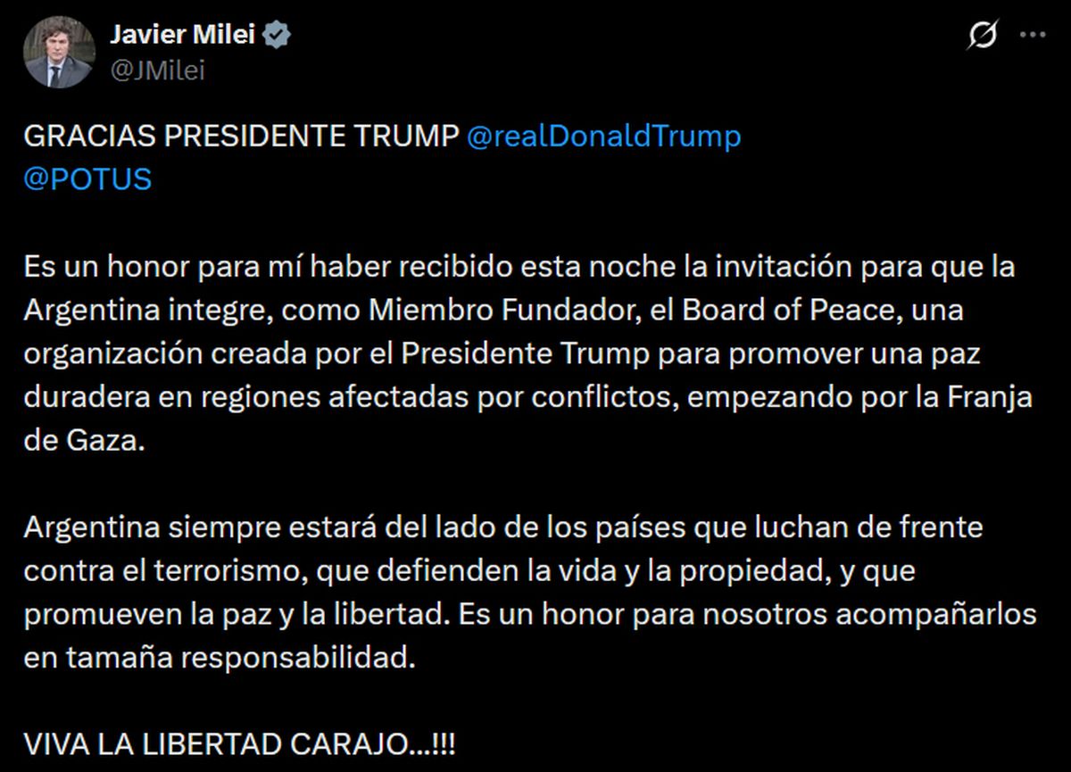 El posteo en X de Javier Milei tras la invitaci&oacute;n de Donald Trump.