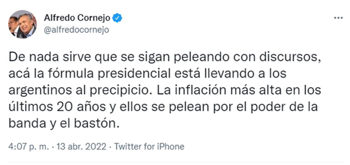 Cornejo se encontró este miércoles con el orfebre Juan Carlos Pallarols y por la tarde difundió un tuit vinculado a la inflación.