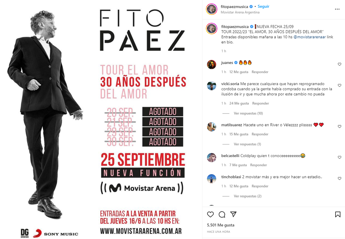 Fito Páez anunció en su cuenta de Instagram la nueva fecha de su show.