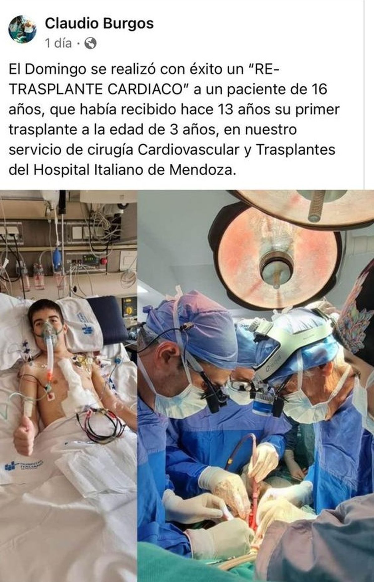 El posteo de Claudio Burgos tras la exitosa intervención.