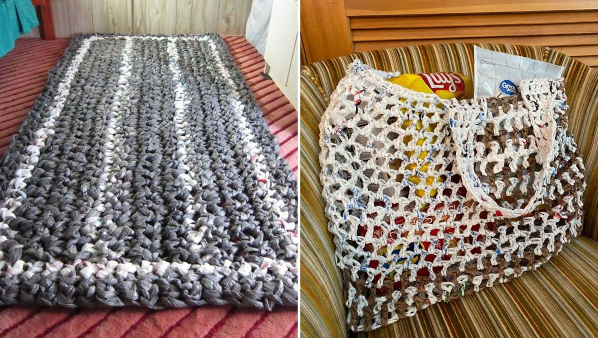 Crea bolsos o alfombras con plarn (cominacion entre plástico lana), refiriéndose a un hilo o estambre hecho a partir de bolsas de plástico recicladas. Crea bolsos o alfombras con plarn (cominacion entre plástico lana), refiriéndose a un hilo o estambre hecho a partir de bolsas de plástico recicladas.