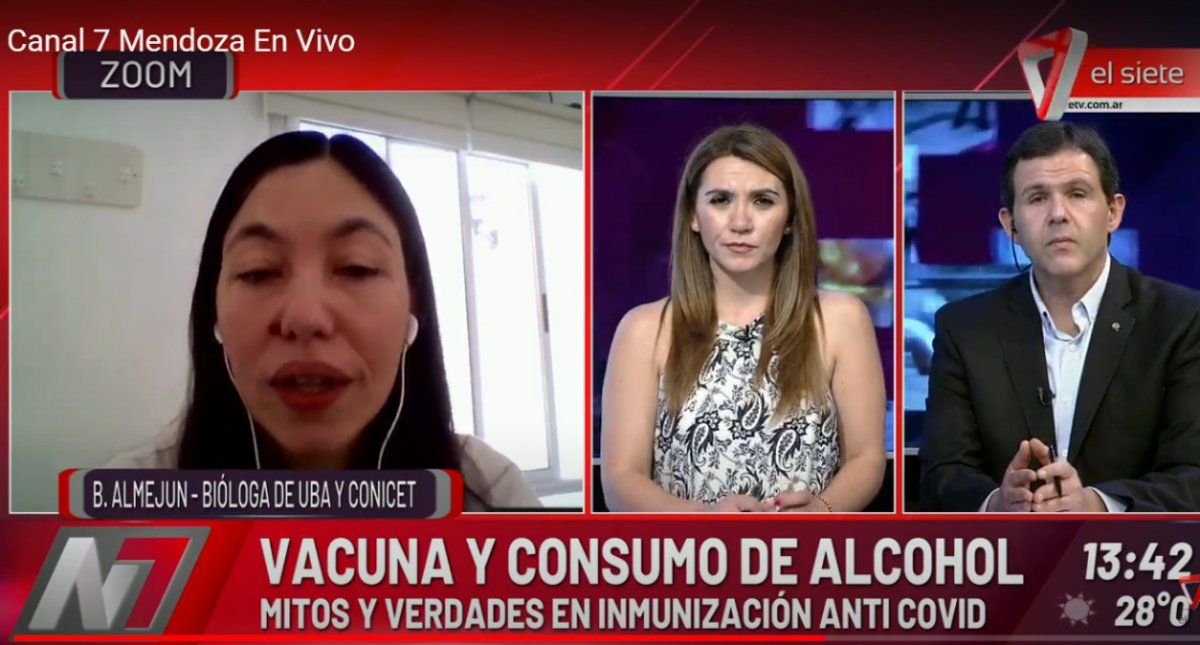 La bióloga Belén Almejún explicó que no es real que tras recibir la vacuna Sputnik V -la vacuna rusa- no se pueda ingerir alcohol por 42 días. Sólo se aconsejó un consumo moderado para estas Fiestas desde el ministerio de salud ruso.