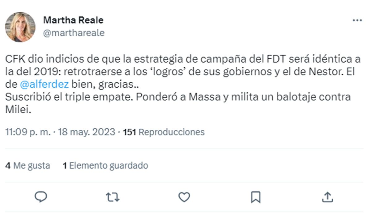 El tuit de la consultora Martha Reale sobre la entrevista de Cristina Kirchner.
