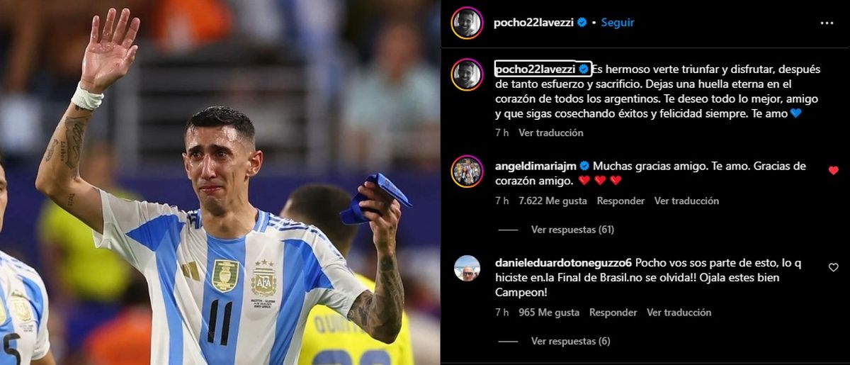El mensaje de Ezequiel Lavezzi y la respuesta de Ángel Di María en Instagram. El mensaje de Ezequiel Lavezzi y la respuesta de Ángel Di María en Instagram.