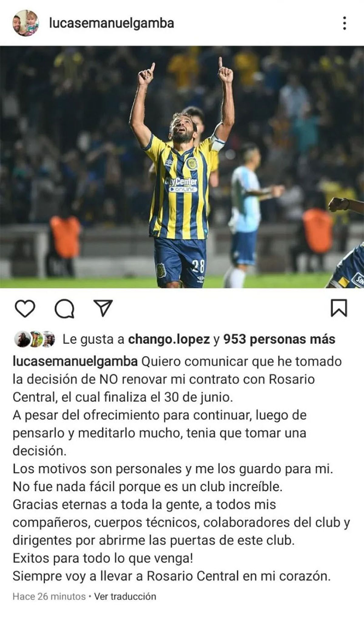 Este es el posteo de Lucas Gamba en Instagram.