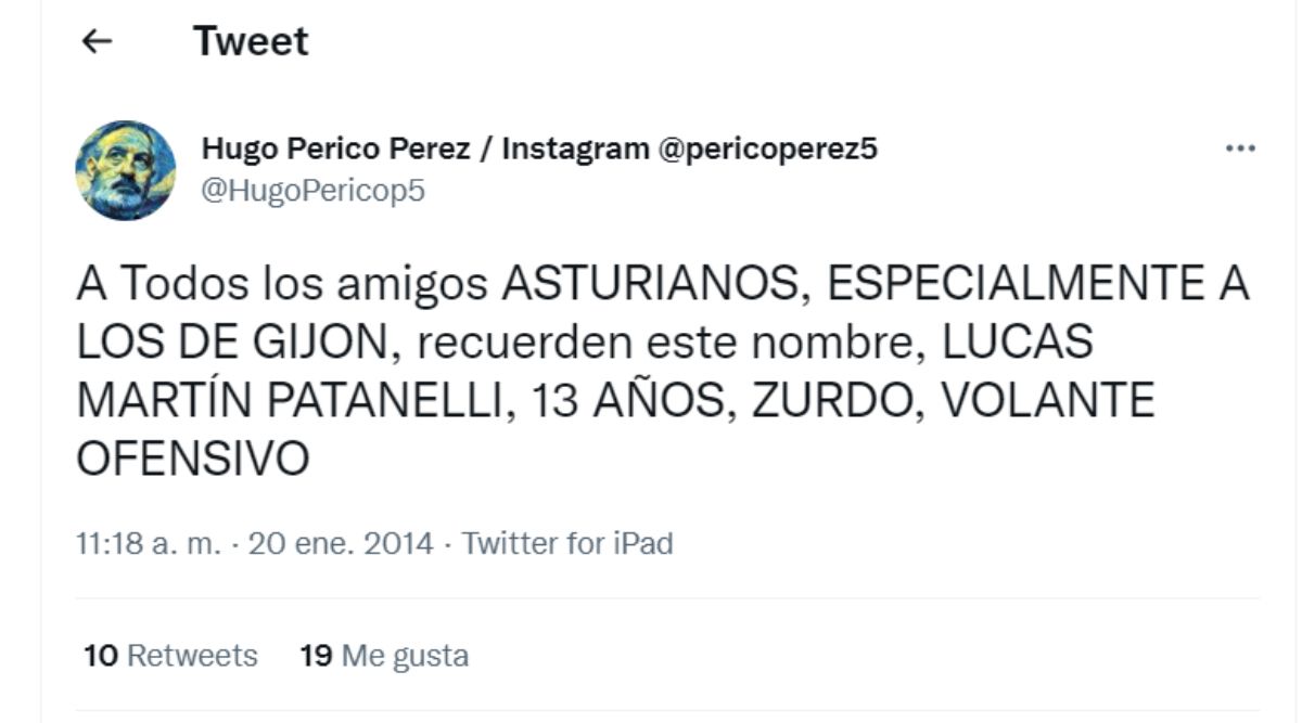 El tuit de Perico Pérez referido a Lucas