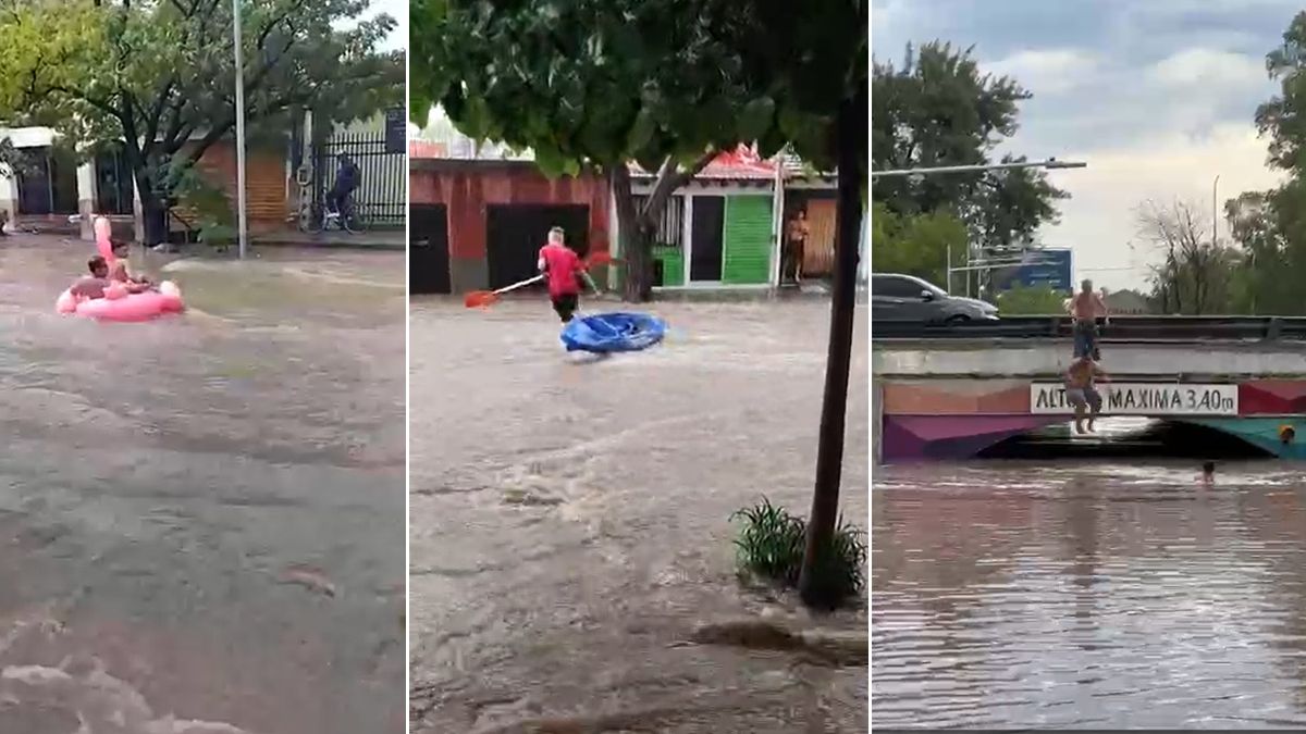 Las insólitas postales que dejó la tormenta de este viernes en Mendoza. Gomones, kayaks y bañistas que se tiran de cabeza a un río que se hizo debajo del puente del Shopping de Guaymallén.