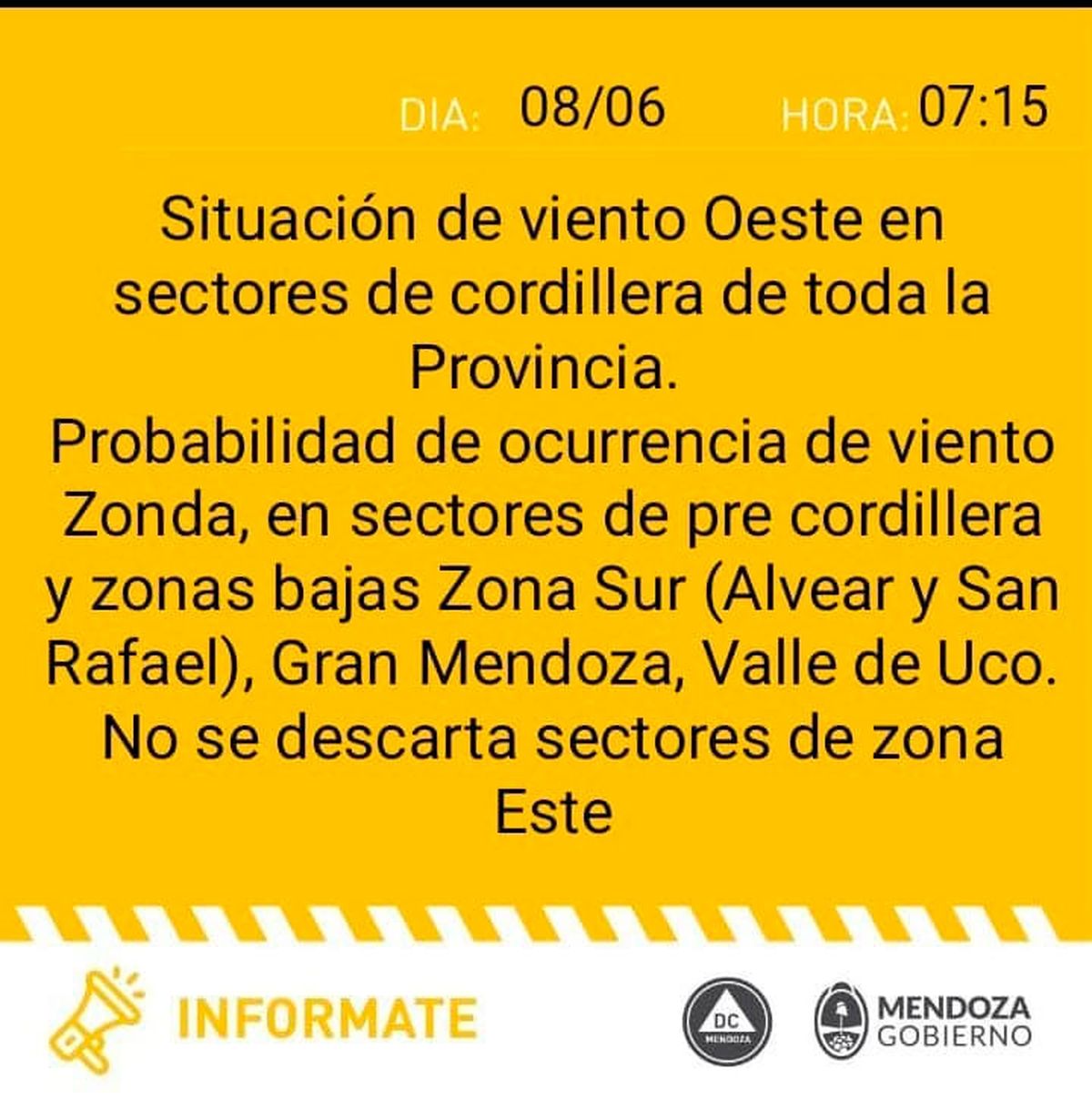 Defensa Civil emitió este jueves una alerta amarilla para algunas zonas de Mendoza.