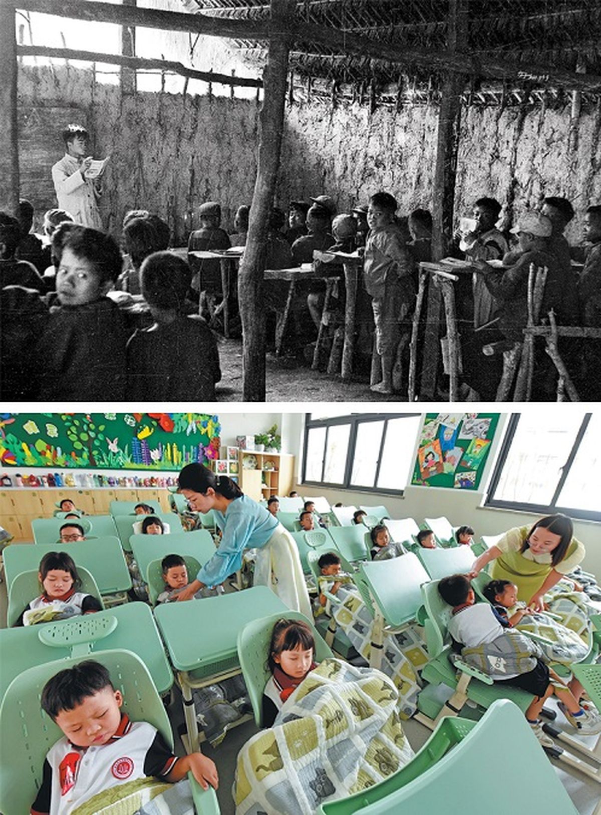 Desde arriba: Un maestro da clase en la primera escuela primaria del condado autónomo de la etnia wa de Ximeng, provincia de Yunnan, en 1954. XINHUAAlumnos descansan en sillas reclinables en una escuela de Shanghai, el 2 de septiembre. WANG HUABIN / PARA CHINA DAILY Desde arriba: Un maestro da clase en la primera escuela primaria del condado autónomo de la etnia wa de Ximeng, provincia de Yunnan, en 1954. XINHUAAlumnos descansan en sillas reclinables en una escuela de Shanghai, el 2 de septiembre. WANG HUABIN / PARA CHINA DAILY 
