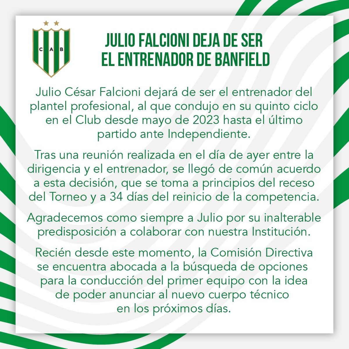 El comunicado de Banfield en sus redes sociales. El comunicado de Banfield en sus redes sociales.