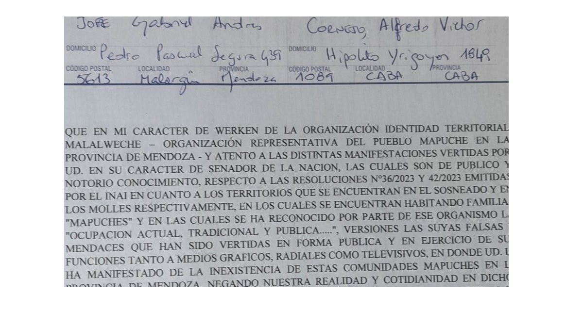 Parte de la carta documento que firmó Jofré contra Alfredo Cornejo.