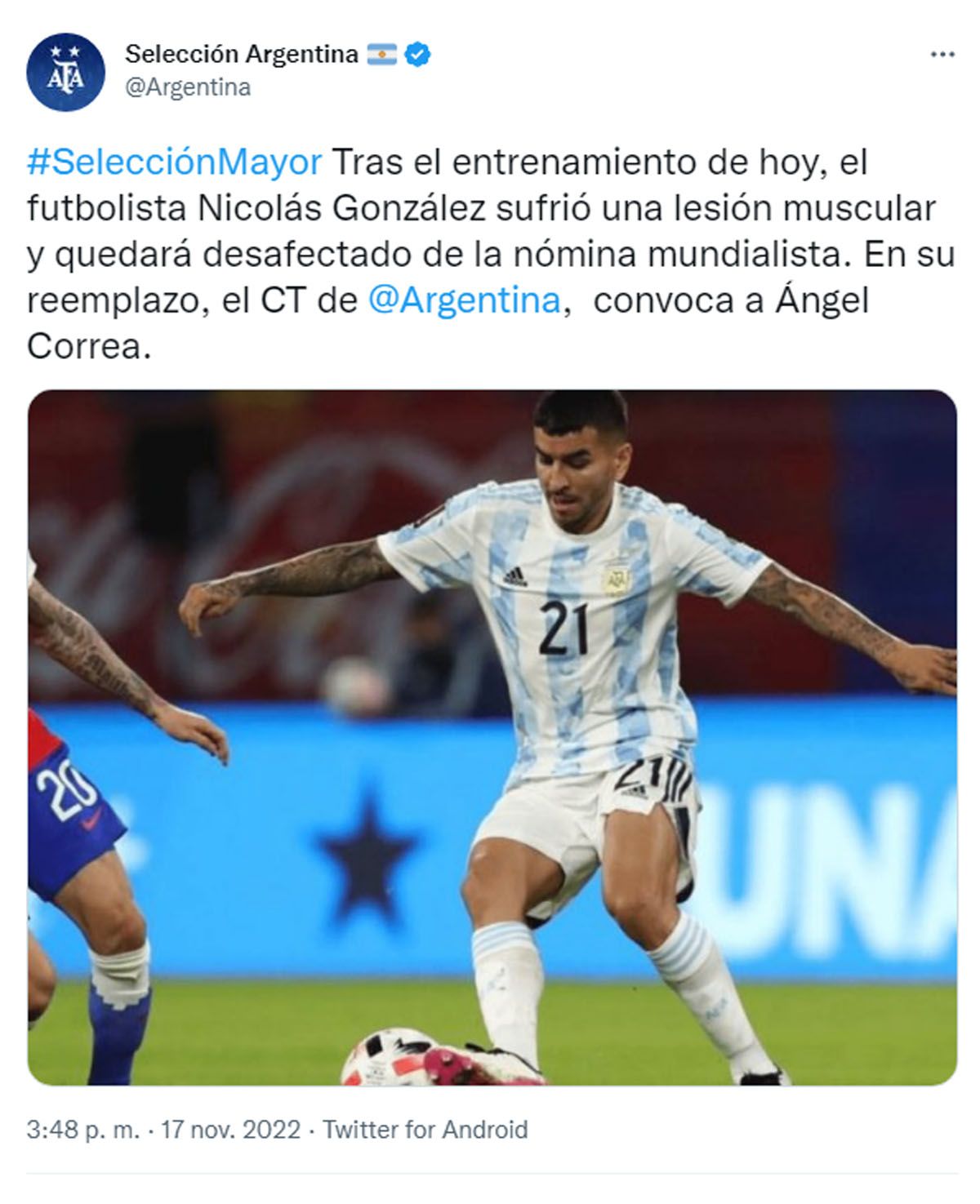 El anuncio de la convocatoria de Ángel Correa en remplazo de Nicolás González