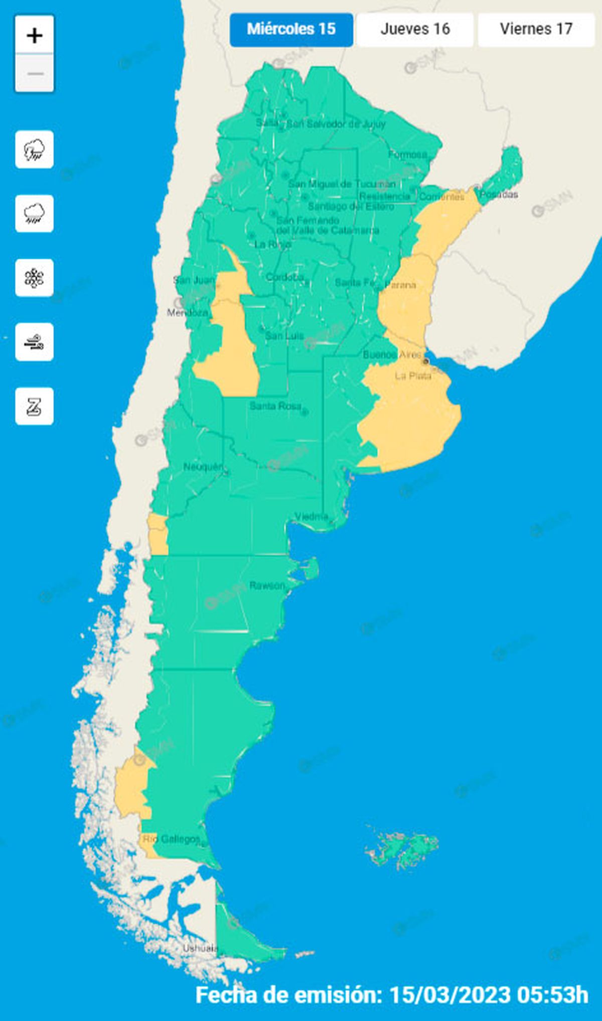 El mapa del Servicio Meteorológico Nacional con alerta amarilla para algunas zonas de Mendoza.