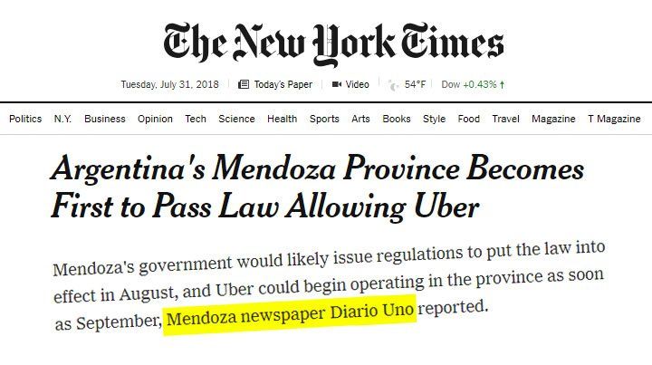 El New York Times citó a Diario UNO para informar la llegada de Uber