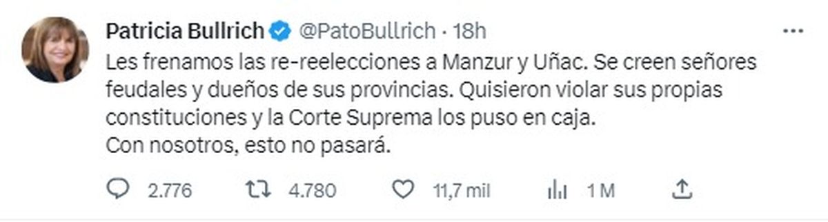 El tuit de Patricia Bullrich al que aludió Sergio Uñac.