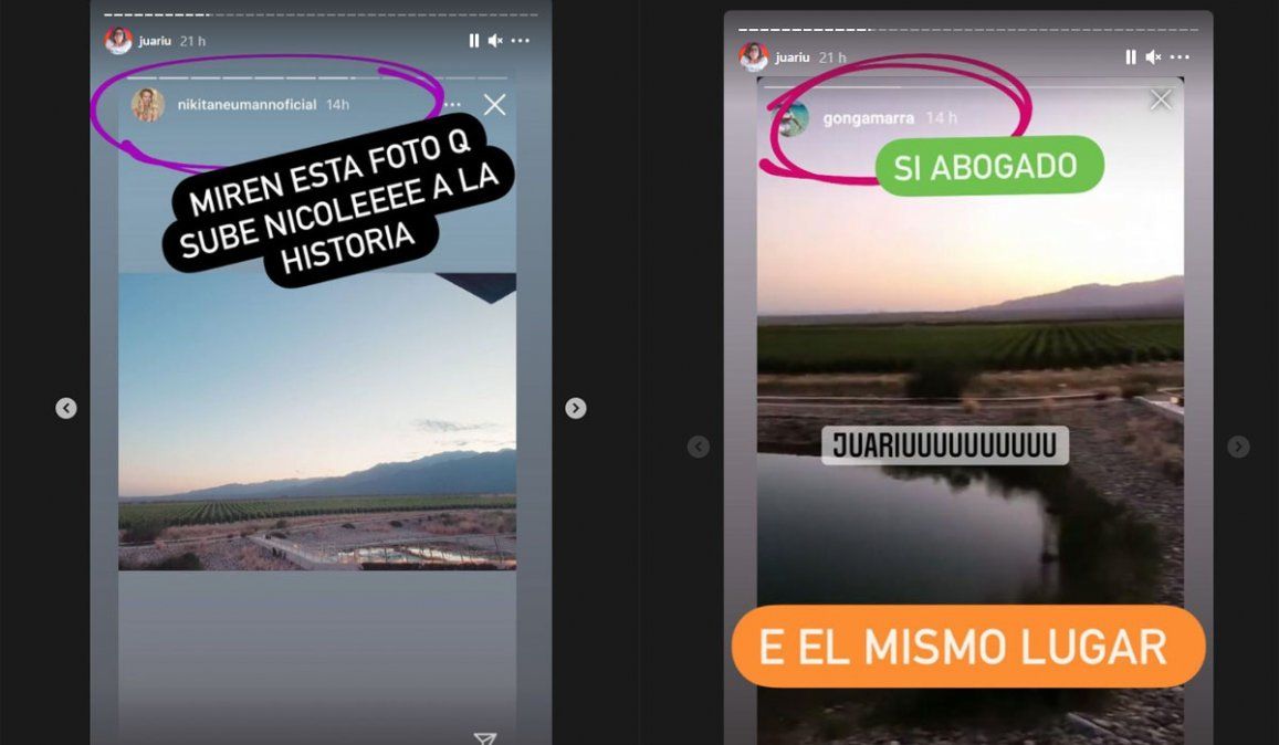 Algunas de las pruebas que mostró Juariu de Nicole Neumann y Gonzalo Gamarra en el mismo lugar