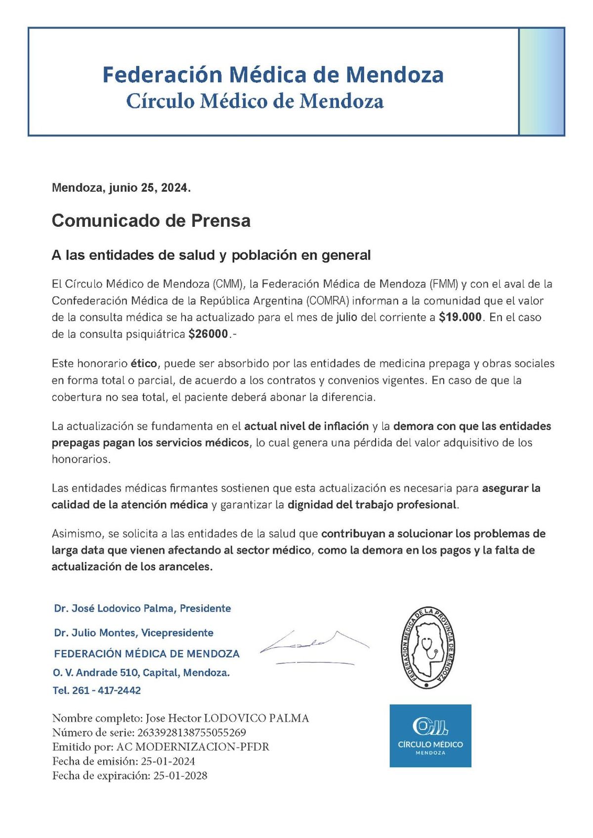 El comunicado oficial de la Federación Médica de Mendoza por el aumento de la consulta médica.