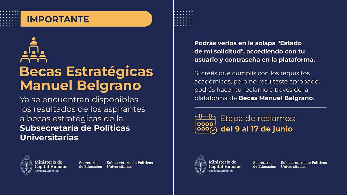 El Ministerio de Capital Humano publicó en sus redes sociales una importantísima noticia para los aspirantes a recibir las Becas Manuel Belgrano 2025. El Ministerio de Capital Humano publicó en sus redes sociales una importantísima noticia para los aspirantes a recibir las Becas Manuel Belgrano 2025.