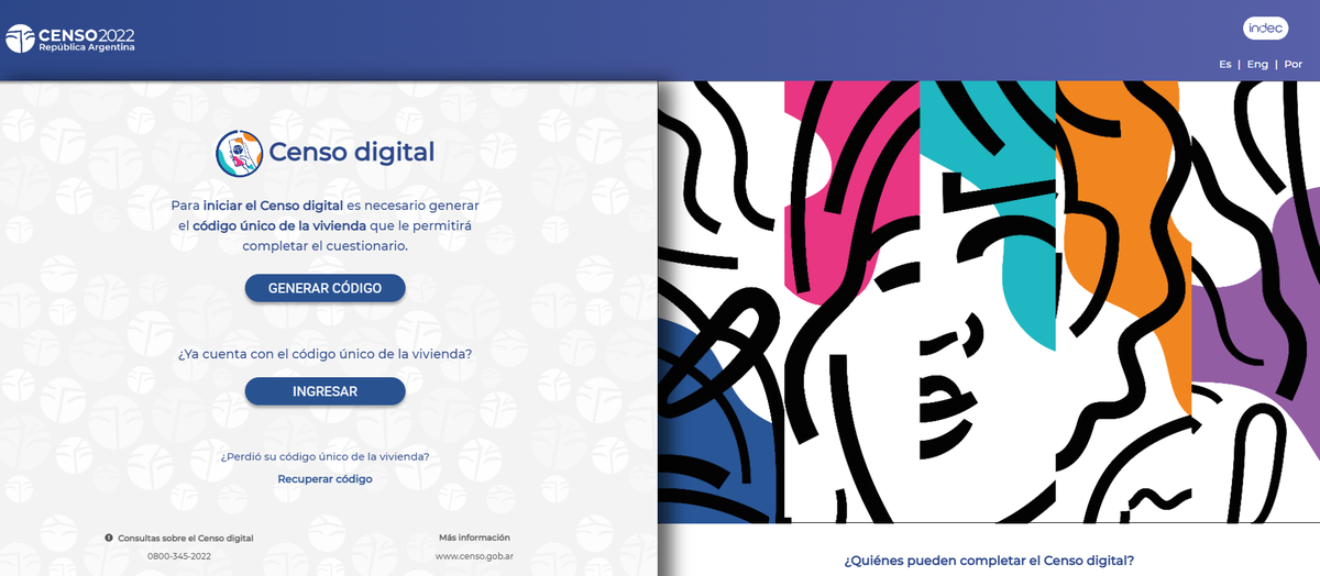 Así se ve la portada de la página web. El primer paso es generar un código único de la vivienda, que luego será brindado a cada uno de los censistas.